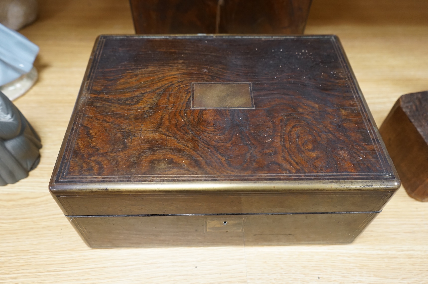 A Victorian brass mounted and inlaid rosewood sewing box together with a mahogany box